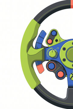 Close-up of colorful Formula 1 racing steering wheel with controls  