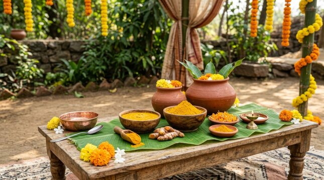 Bowls of turmeric powder and fresh roots on wooden table with clay pots and marigold flowers. Traditional Indian outdoor setting decorated with flower garlands and banana leaf.
