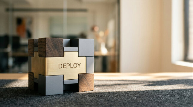 Wooden and metal puzzle block labeled deploy on office floor. Business implementation strategy, project execution, software release, and operational workflow concept with copy space