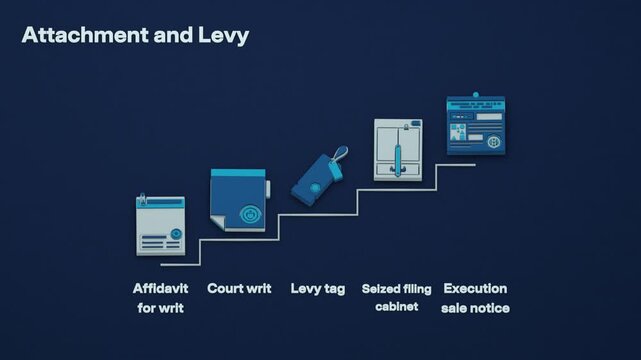 A writ obtained by affidavit authorizes a levy, with seized property held pending a release bond or execution sale. Flat 3D style; objects labelled in English.