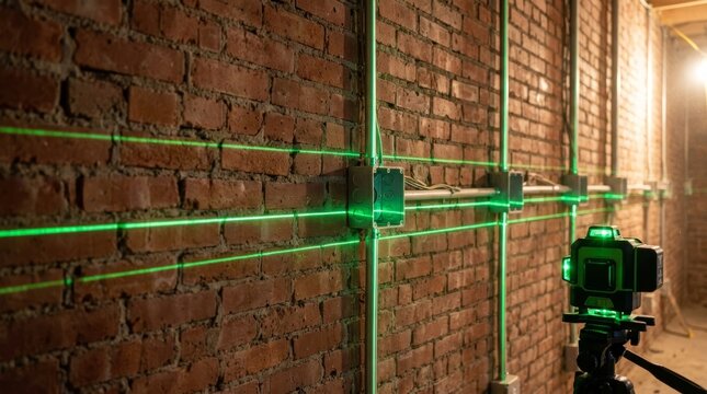 Laser level projecting green beam lines on brick wall with electrical conduits. Cross line tool mounted on tripod measures alignment at construction site.