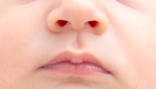 Macro Close Up of Newborn Baby Lips and Nose with Soft Skin