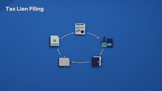 Tax lien administration maintains a public claim against property, flags its title and tracks arrears pending payment and release. Flat 3D style; an English title card.