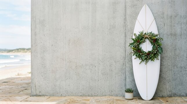 White surfboard with green christmas wreath leaning on concrete wall by the beach. Coastal holiday decoration with copy space and ocean view in background.