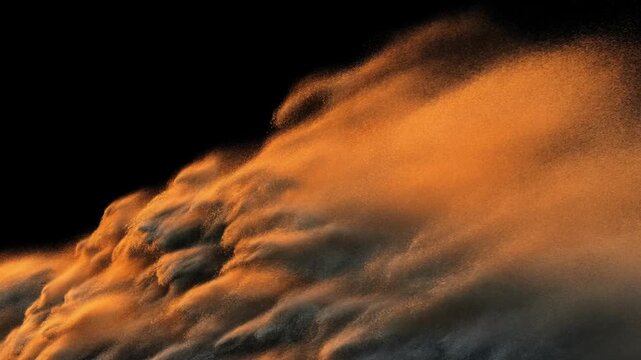 Orange dust cloud flowing diagonally across black background with billowing texture
