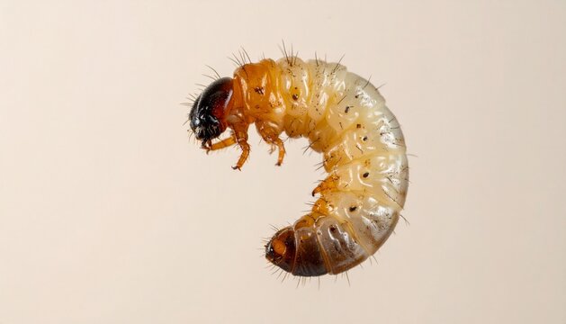 Macro Beetle Larva White Grub Isolated on Light Studio Background