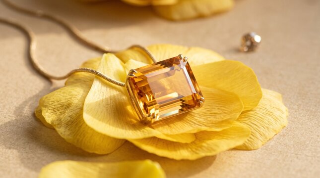 Emerald-cut citrine glowing among yellow ranunculus petals