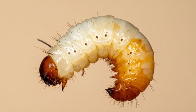 Macro of White Grub Beetle Larva Isolated on Plain Background