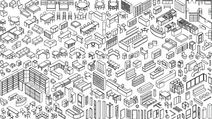 Fototapeta premium Set of furniture icons for interior design in isometric view, architectural symbols for floor plan, vector illustration