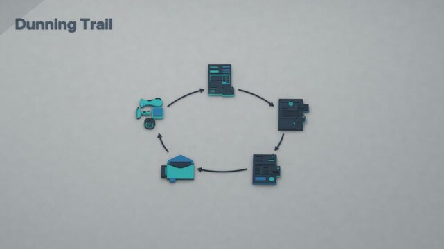 A standing dunning procedure advances overdue invoices through reminders and final demand to remittance, clearing the outstanding balance. Flat 3D style; an English title card.