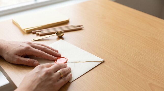 Hands seal a cotton envelope with coral wax