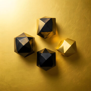 Luxury branding and premium design, geometric shapes in gold and black metal, abstract composition for high-end corporate identity and marketing assets