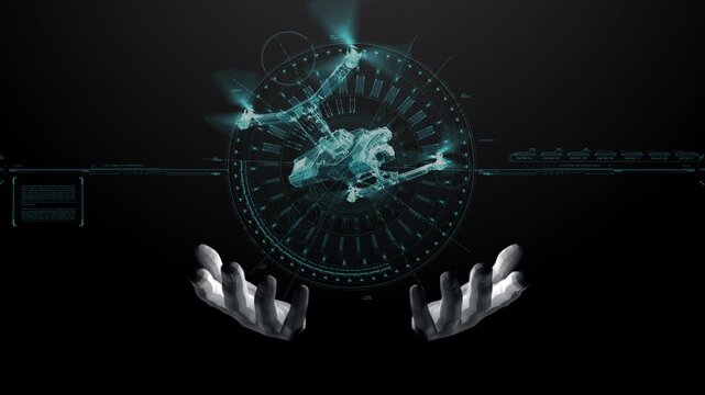 HUD animation video footage featuring a holographic 3D scan image hovering above a palm, conveying a futuristic, high-tech feel associated with data transmission.