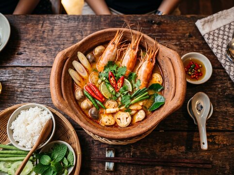 Authentic Thai tom yum goong spicy soup with river prawns and herbs in clay pot, generative AI
