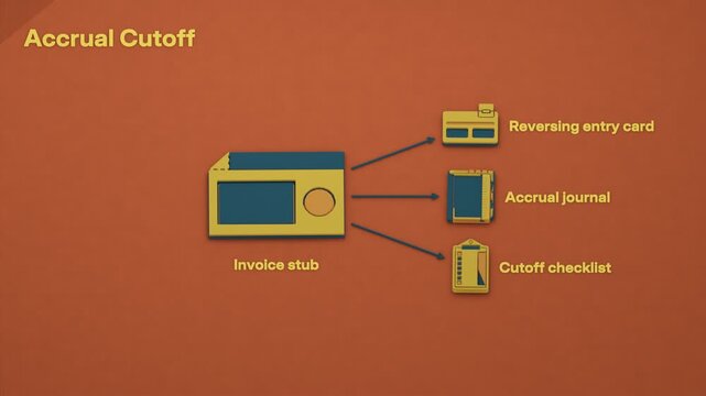 An invoice triggers expense accrual, a reversing entry and a cutoff check to support the period close. Flat 3D style; objects labelled in English.