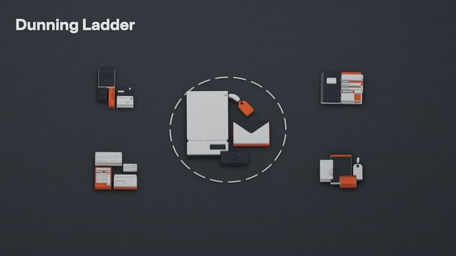 Each stage of dunning takes focus in turn, from overdue invoice and demand notice through remittance to the voucher that records ledger posting. Flat 3D style; an English title card.
