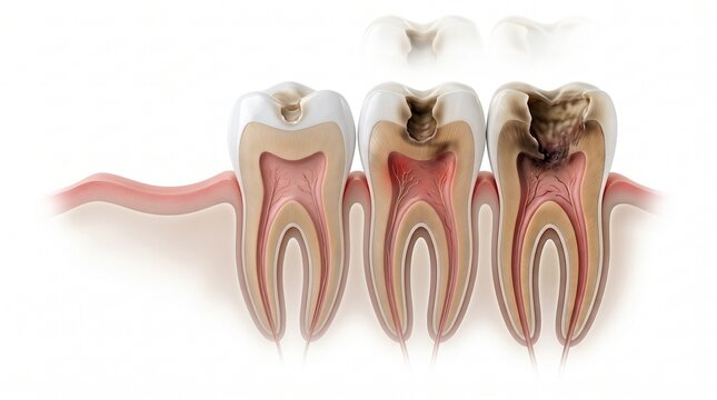 Ultra realistic scientific visualization of a human tooth showing four progressive caries stages in a continuous longitudinal cross section
