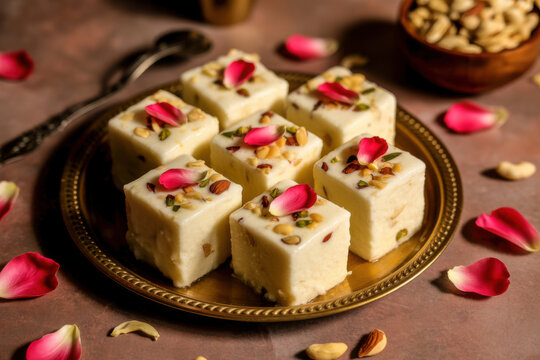Indian barfi sweet dessert made with milk, nuts, and rose petals garnish
