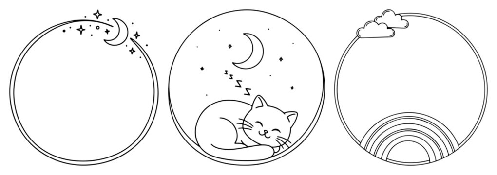 Cute sleeping cat with moon and rainbow circular frames set, nursery bedtime line art vector illustration