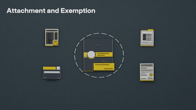 Attachment proceeds through levy, inventory and an exemption claim before a release order frees protected property. Flat 3D style; an English title card.