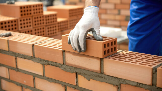 A bricklayer wearing a white glove places a brick onto the wall with cement mortar