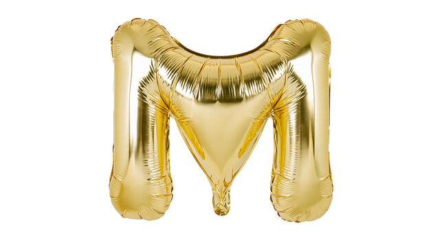 Isolated shiny golden metallic letter M foil balloon, perfect for a party or celebration decoration