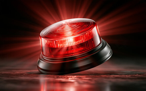 Glowing red emergency siren light with dramatic light rays.