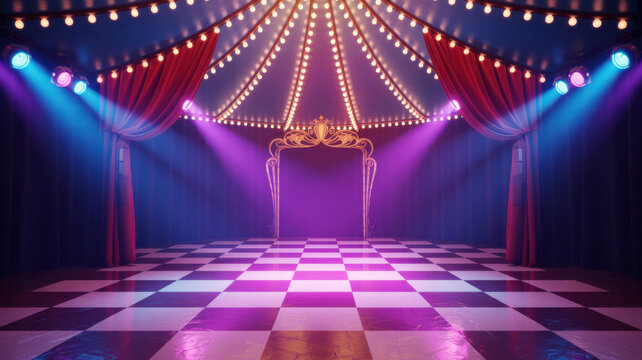 Empty circus tent stage with checkered dance floor illuminated by neon lights and curtains