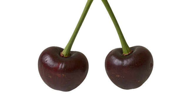Isolated two ripe dark red cherries with green stems, fresh sweet healthy organic fruits.