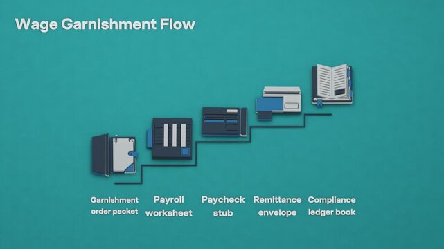 Wage garnishment advances through order receipt, payroll deduction calculation, withholding, remittance and a retained compliance entry. Flat 3D style; objects labelled in English.