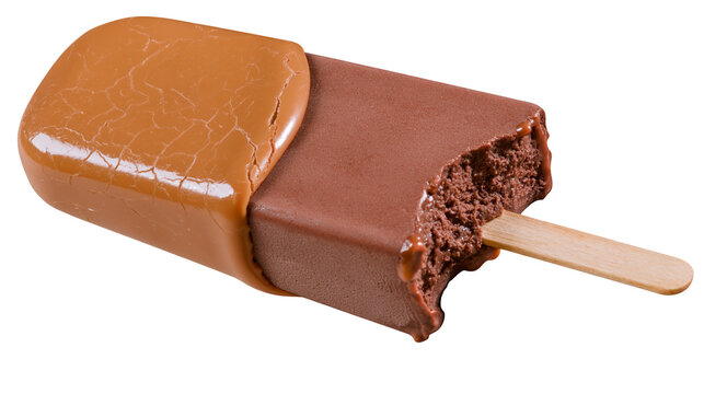 Isolated chocolate ice cream bar with caramel topping, partially bitten, sweet frozen dessert