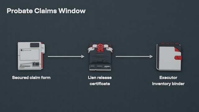 A creditor files a secured probate claim within the notice period; court allowance and lien release clear the asset for estate administration. Flat 3D style; objects labelled in English.