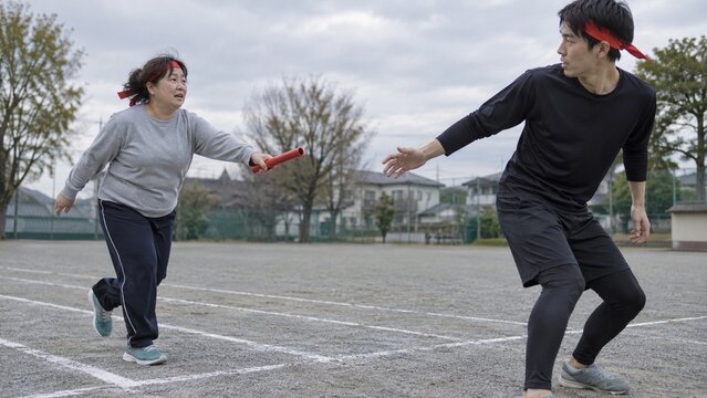 A woman wearing a grey long sleeve shirt and pants stands facing a man in a black shirt and pants outdoors on a paved court area, they appear to be engaged in a conversation