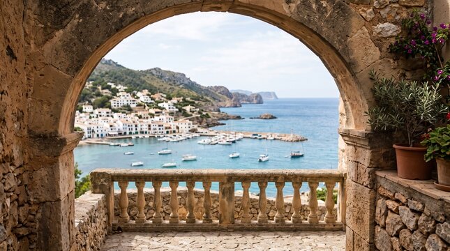 ocean view framed through stone arch at porto fornells calvia majorca spain  
