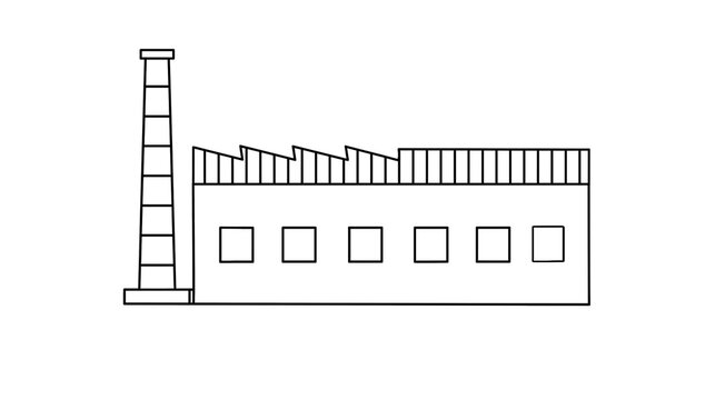 Isolated minimalist line art factory building with smokestack, industrial manufacturing plant production icon