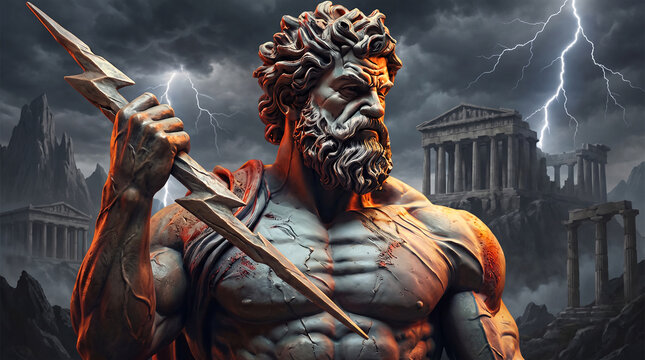 Zeus Greek God of Thunder and Lightning Holding Thunderbolt in Stormy Ancient Greece with Greek Temples