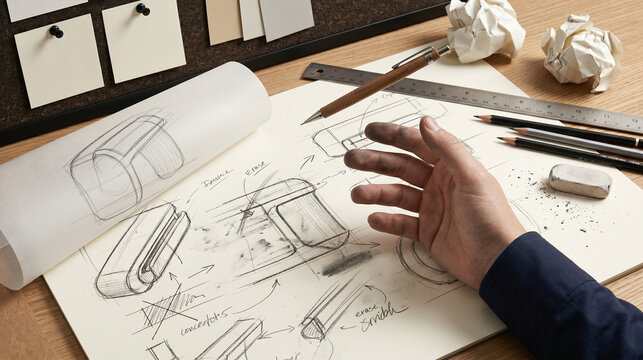 Hand Close-Up Revising Sketch Drafts on a Designer&rsquo;s Workdesk
