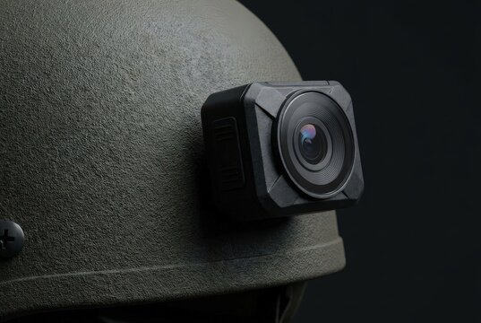 Action camera mounted on military tactical helmet close up dark style