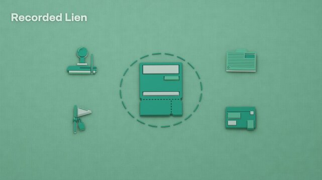 The lien notice takes precedence as recording, deed indexing and service paperwork await their turn. Flat 3D style; an English title card.