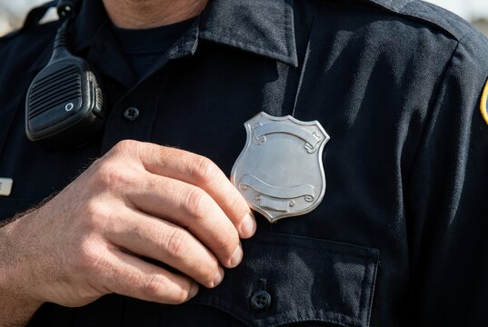 Police officer touching silver badge on uniform with radio speaker mic
