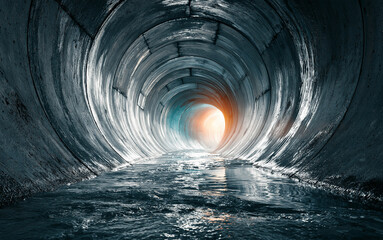 Fototapeta premium A dark underground sewer tunnel with wastewater flowing inside a round concrete pipe.