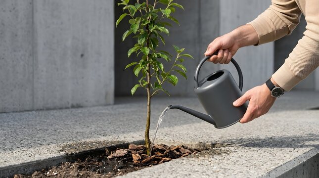 Person watering young green tree with grey can in concrete urban pavement