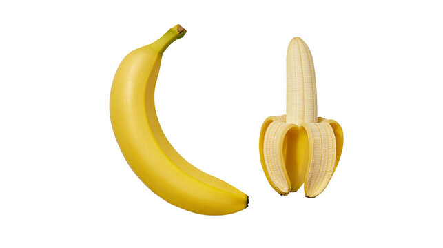 Isolated vibrant ripe yellow whole banana and a partially peeled banana, delicious healthy snack