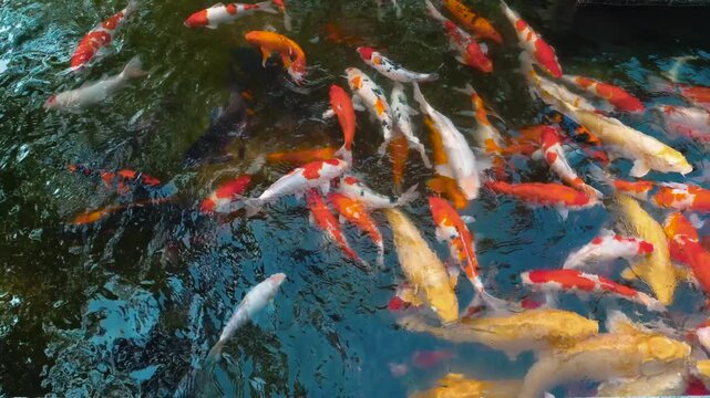 Colorful Koi Fish Swimming in Clear Water Pond