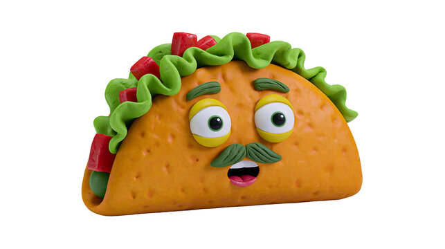 Isolated playful claymation taco character with a funny mustache and cheerful expression