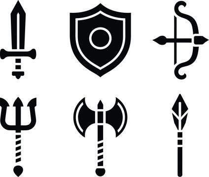 Set of black silhouette medieval weapon icons including sword shield bow trident axe and spear