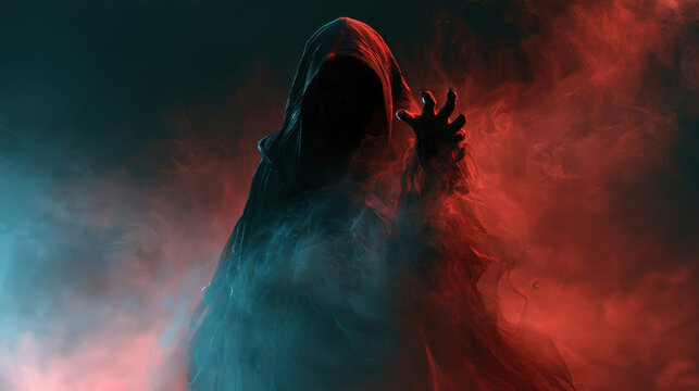 Dark hooded figure in red and blue smoke