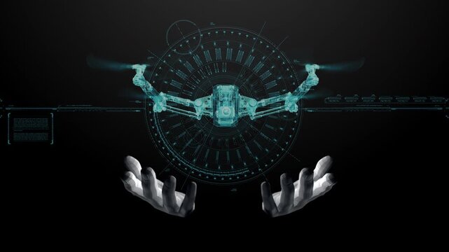 HUD animation video footage featuring a holographic 3D scan image hovering above a palm, conveying a futuristic, high-tech feel associated with data transmission.