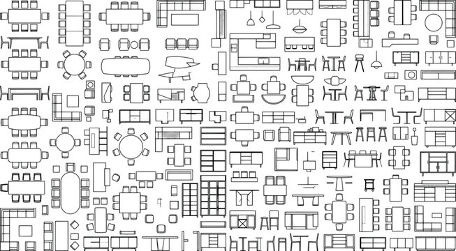 Dining and living room furniture top view vector set