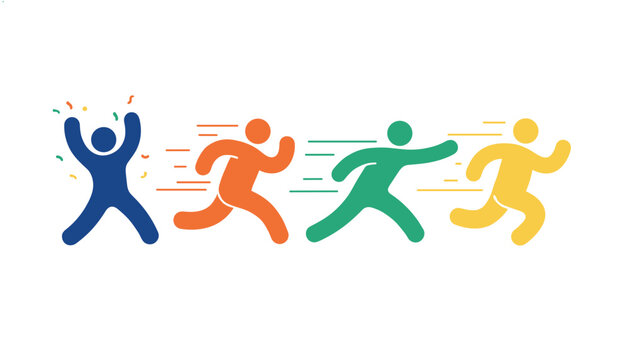 Sequence of colorful stick figures shows a race with runners in motion followed by a triumphant winner celebrating his victory.